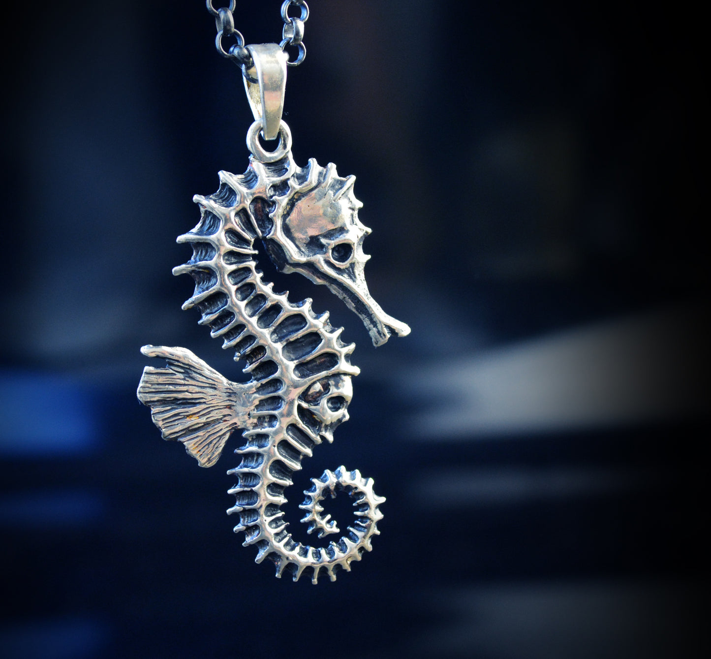 Colgante Caballito de Mar con Calavera, Joyas de Océano en Plata de Ley Hechas a Mano, Texturas Oxidadas, Colgante Tótem Único