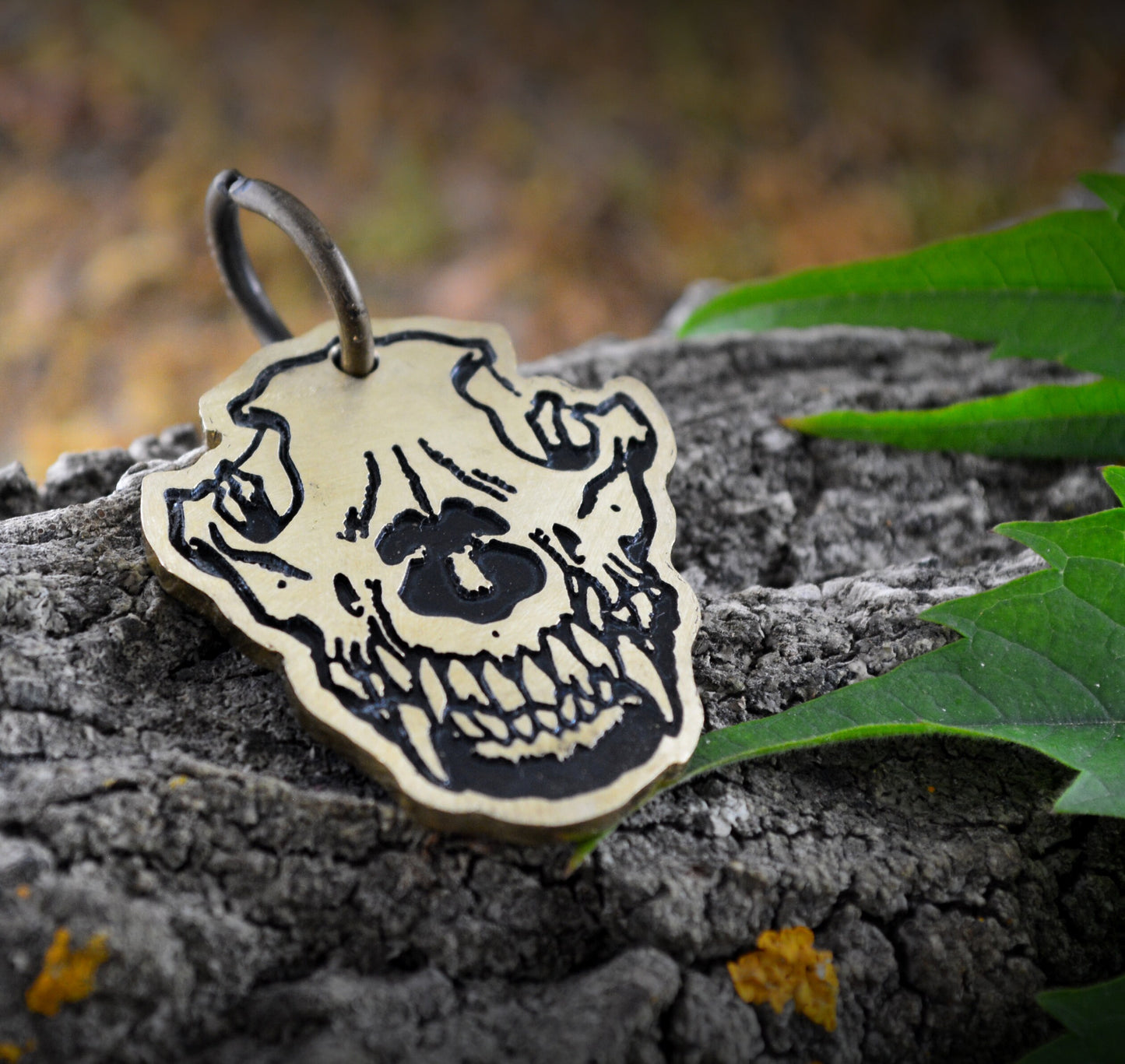 Placa mascota calavera de lobo, Nombre y teléfono grabados