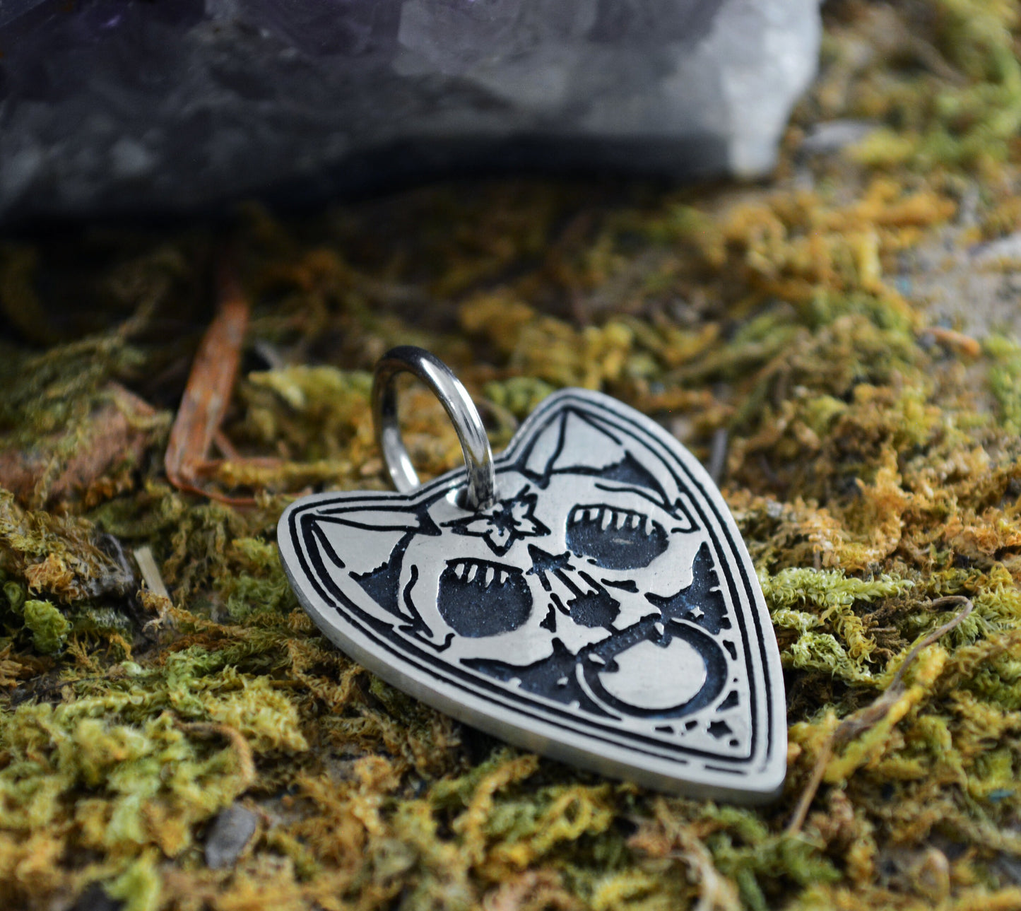 Chapa identificativa gato con forma de Ouija, Chapa personalizada mascota grabada a mano con nombre y teléfonos
