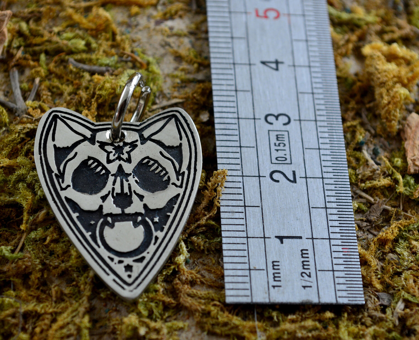 Chapa identificativa gato con forma de Ouija, Chapa personalizada mascota grabada a mano con nombre y teléfonos