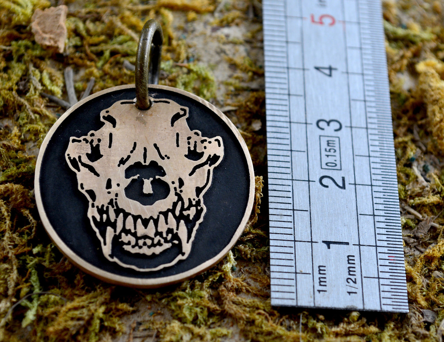 Chapa redonda con calavera de lobo, Nombre y teléfono grabados