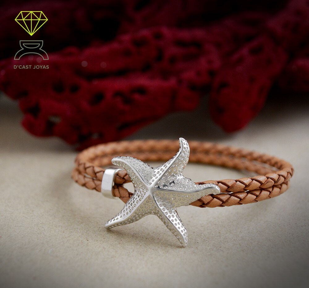 Pulsera plata oxidada y cuero estrella de mar, Pulsera de plata 925 estrella, Pulsera de cuero y plata para surfistas, Joyería del mar - D´Cast
