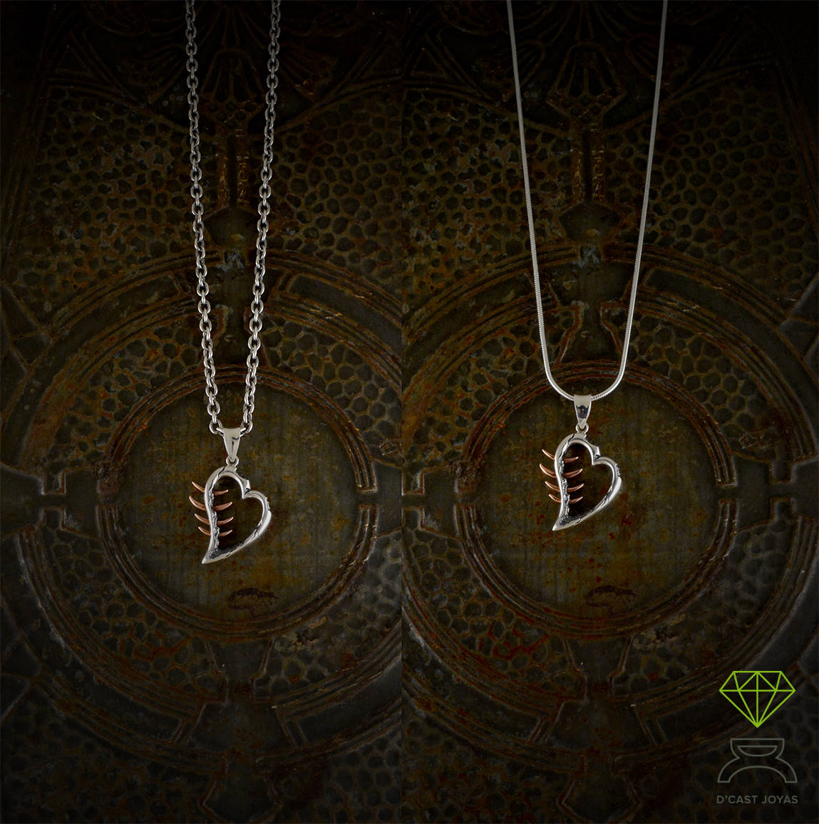 Colgante Corazon espinado, Collar corazón plata maciza y espinas atravesadas en bronce, Collar corazón resquebrajado - D´Cast