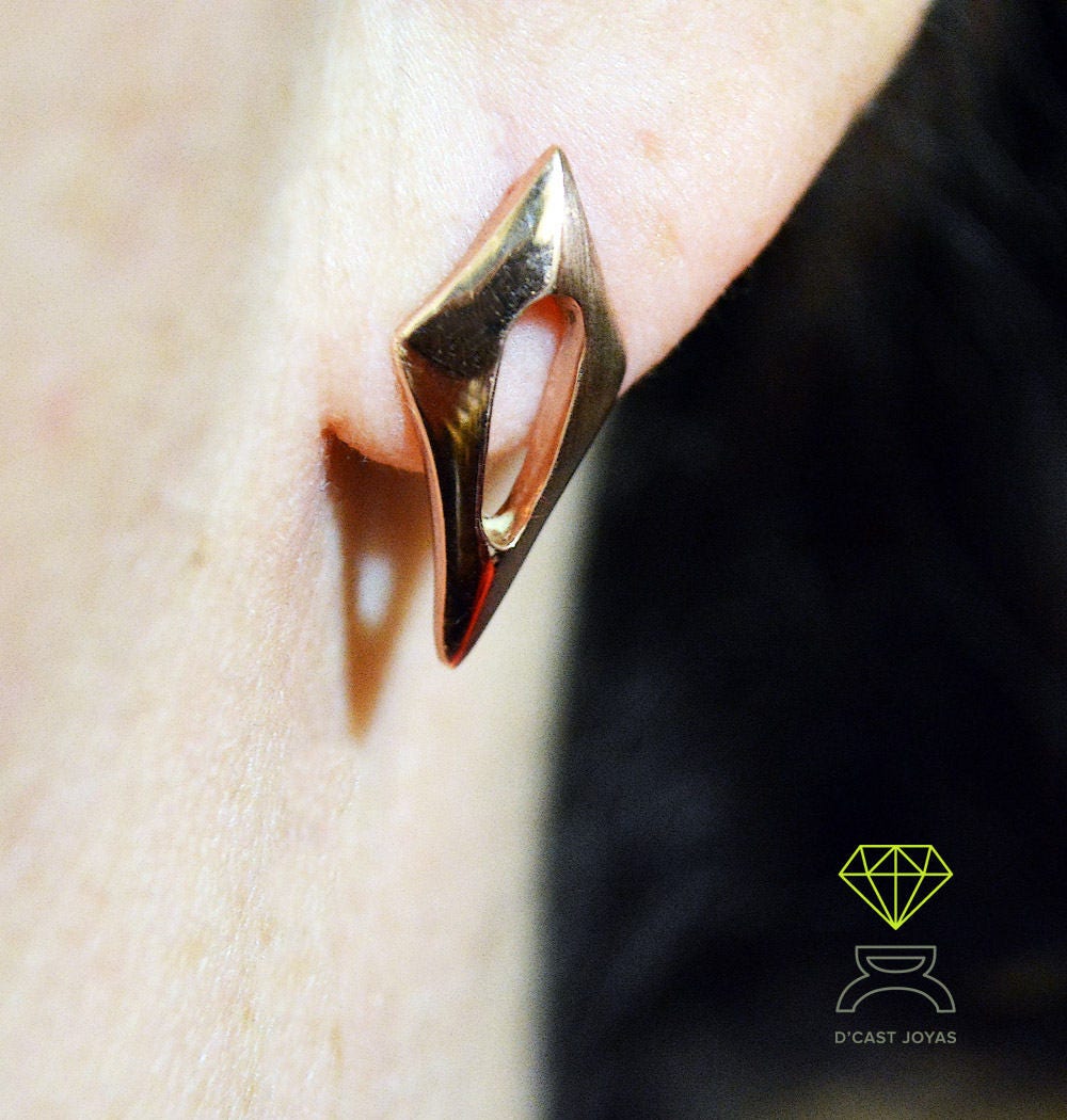 Pendientes plata dos rombos, Pendientes pequeños plata, Joyería minimalista, rombo oro rosa, Pendiente artesanal - D´Cast