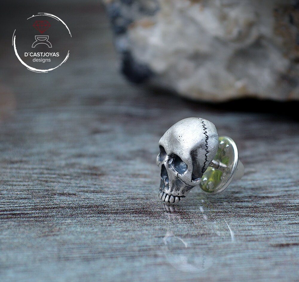 Pin corbata plata cráneo humano, Broche calavera plata maciza, Broche para hombres, Estilo punk, joyería hombre cool, broche gótico - D´Cast