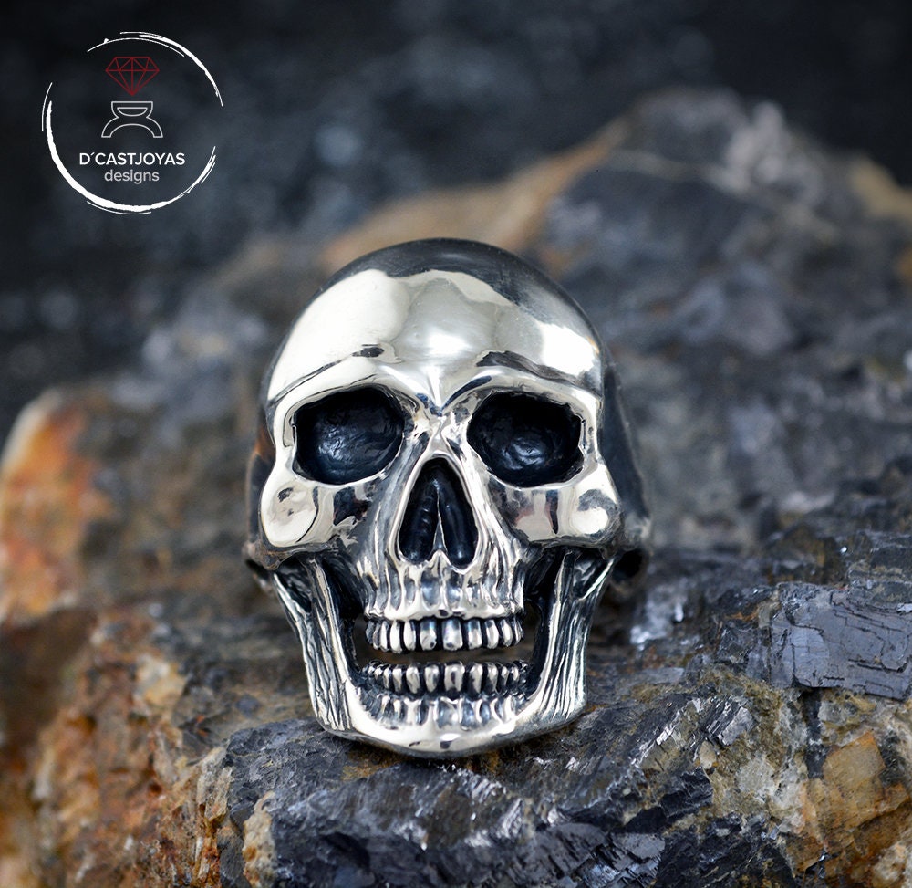 Anillo Calavera Plata 925 maciza, Anillo craneo humano completo, Anillo motero, Hecho a mano, Memento Mori - D´Cast