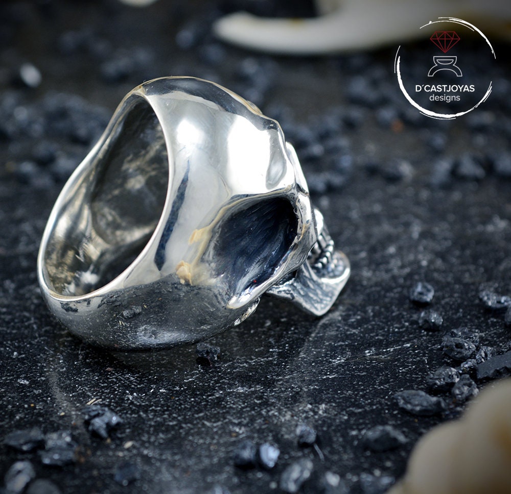 Anillo Calavera Plata 925 maciza, Anillo craneo humano completo, Anillo motero, Hecho a mano, Memento Mori - D´Cast