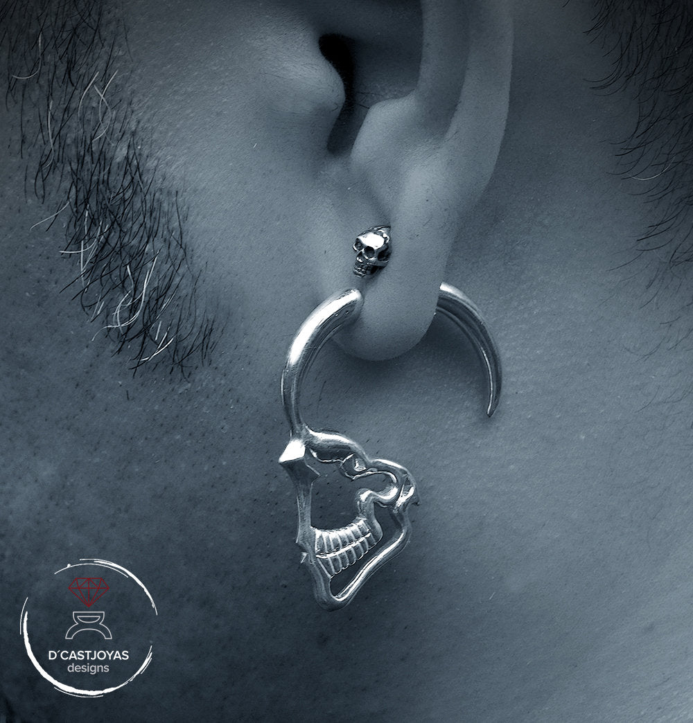 Pendiente de aro grande plata 925, Pendientes aro perfil calavera, Pendiente grande calevara plata, Joyería urbana, Pendiente artesanal,