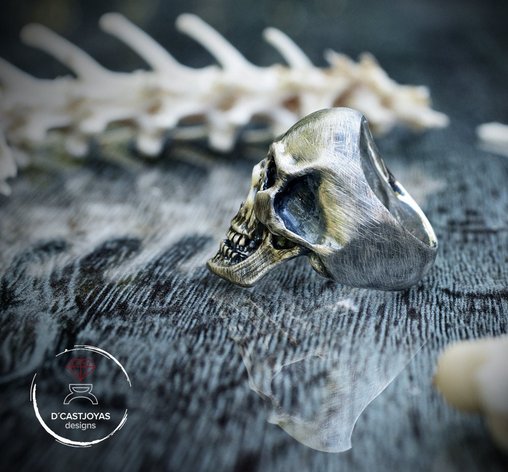 Anillo Calavera Plata 925 maciza, Anillo craneo humano completo, Anillo motero, Hecho a mano, Memento Mori - D´Cast