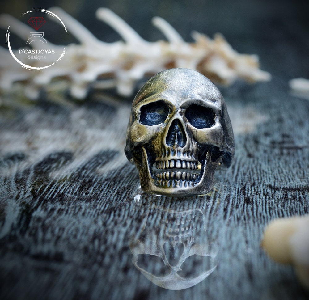 Anillo Calavera Plata 925 maciza, Anillo craneo humano completo, Anillo motero, Hecho a mano, Memento Mori - D´Cast