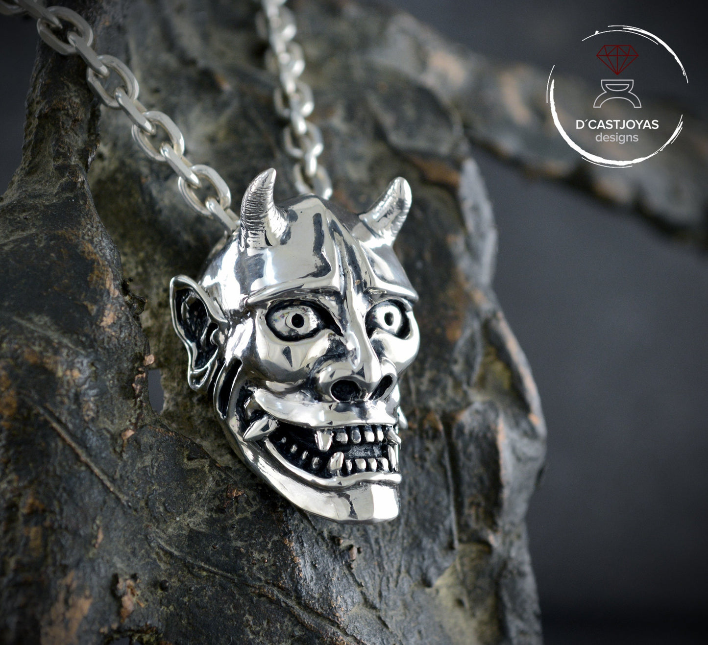 Colgante plata de ley máscara demonio Oni de Japón, Collar máscara de Hannya