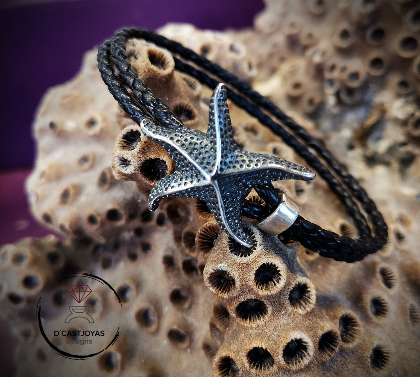 Pulsera plata oxidada y cuero estrella de mar, Pulsera de plata 925 estrella, Pulsera de cuero y plata para surfistas, Joyería del mar - D´Cast