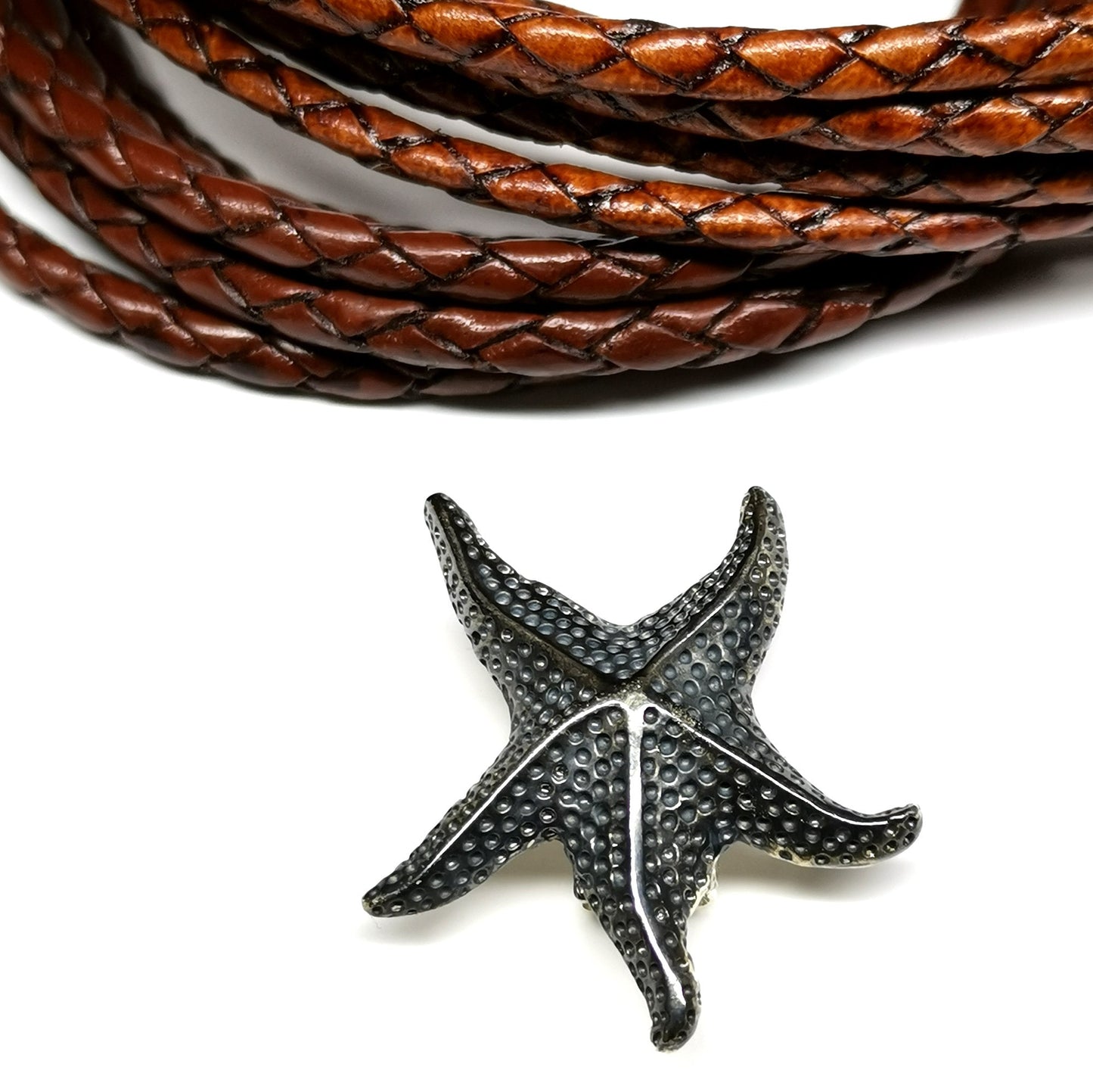 Pulsera plata oxidada y cuero estrella de mar, Pulsera de plata 925 estrella, Pulsera de cuero y plata para surfistas, Joyería del mar - D´Cast