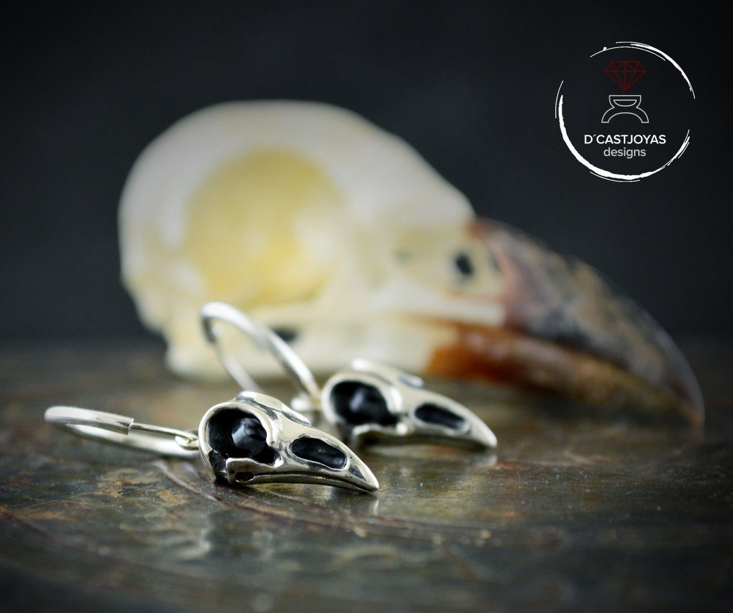 Aros de plata cuervos de Odín con texturas oxidadas,Pendientes vikingos - D´Cast
