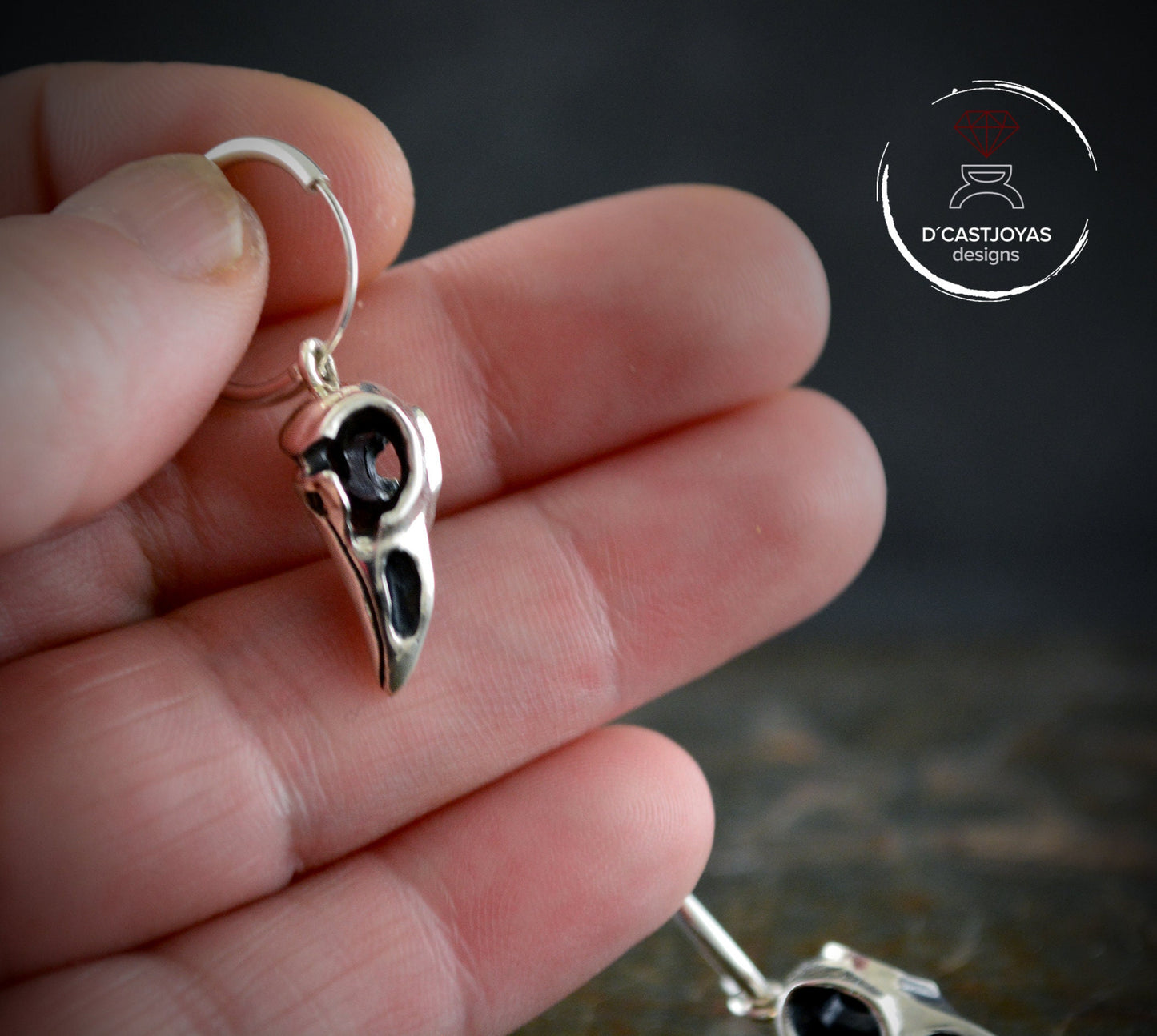 Aros de plata cuervos de Odín con texturas oxidadas,Pendientes vikingos - D´Cast