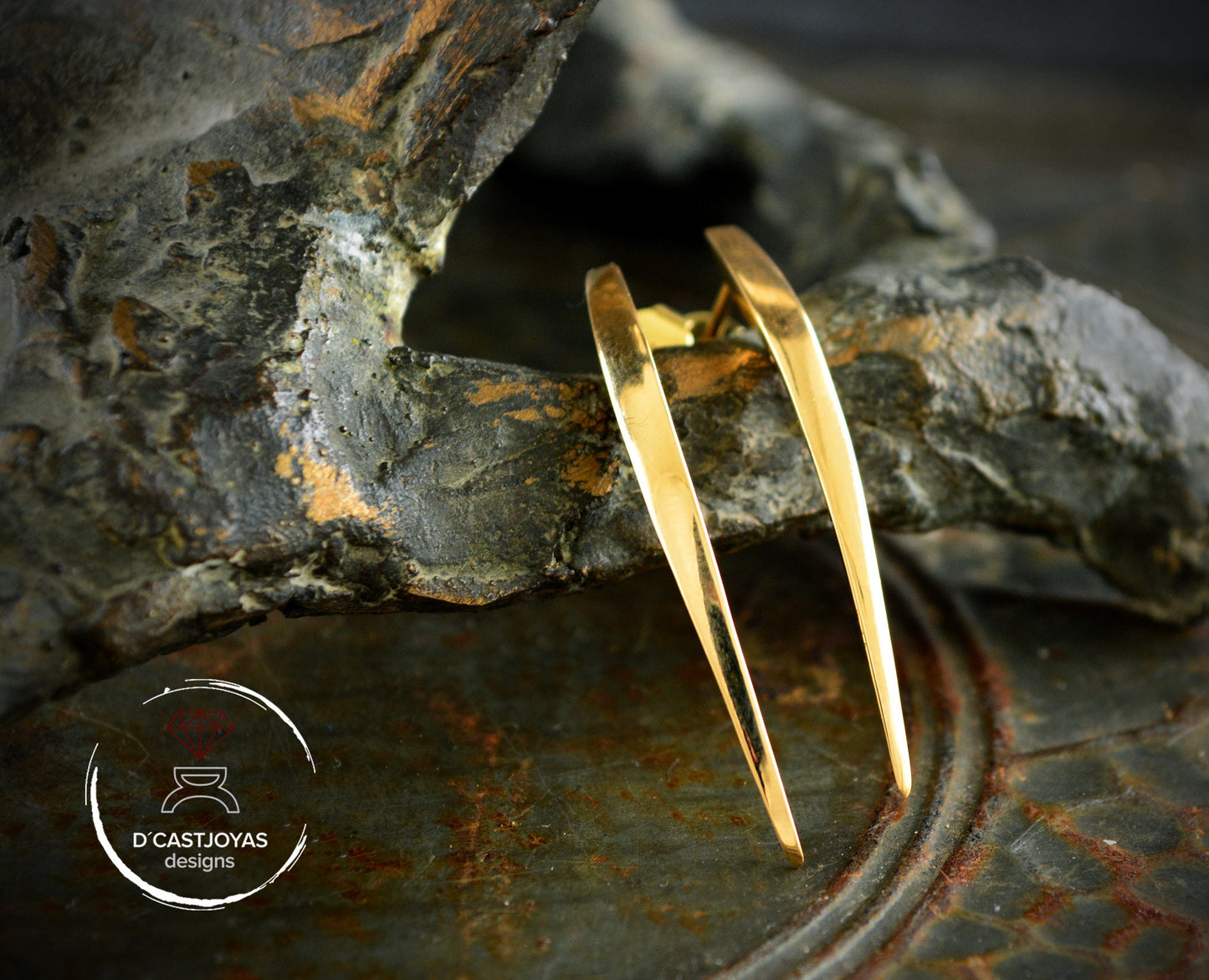 Pendientes largos oro de 14k y 18k, Colmillos serpiente - D´Cast