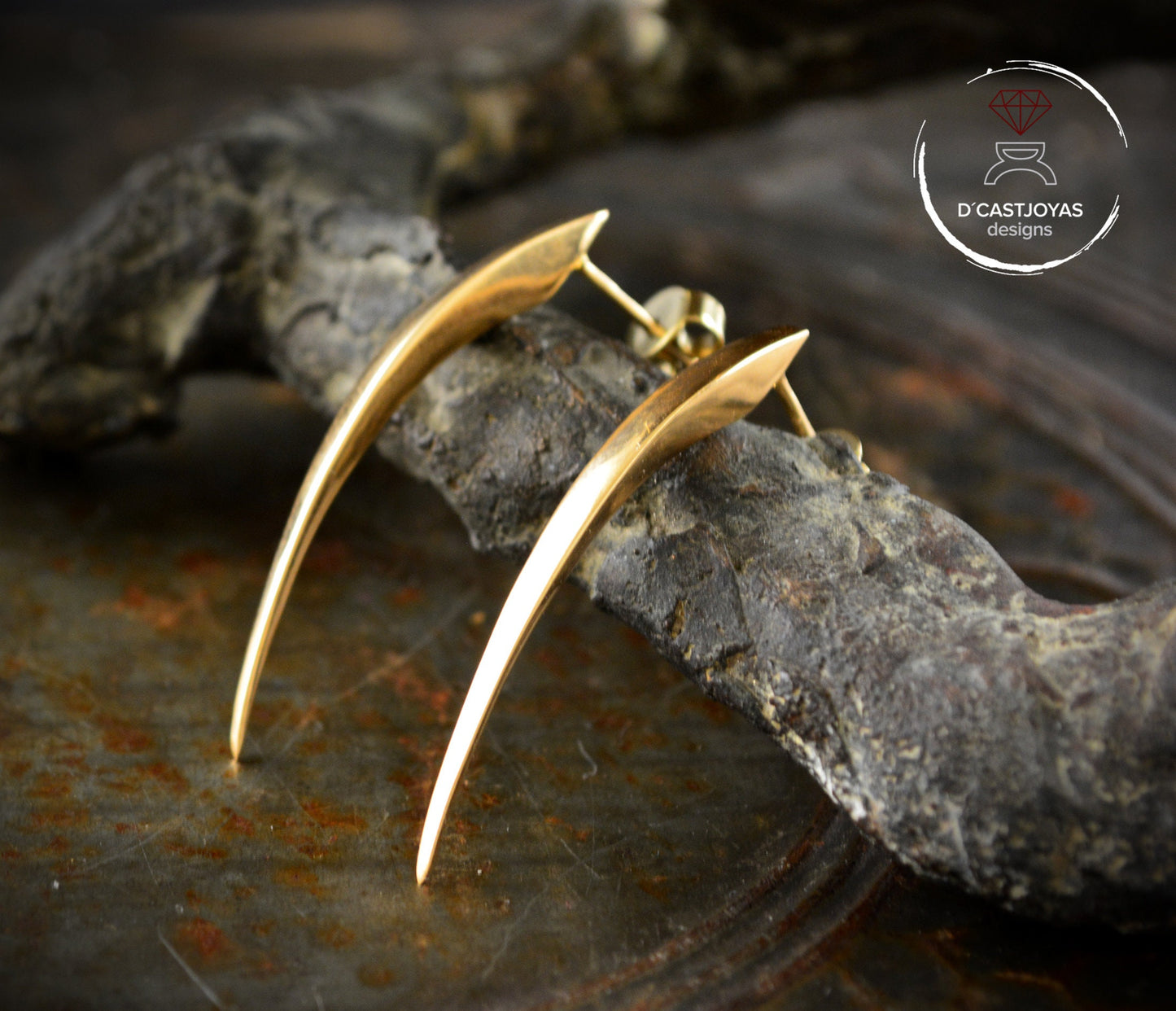 Pendientes largos oro de 14k y 18k, Colmillos serpiente - D´Cast