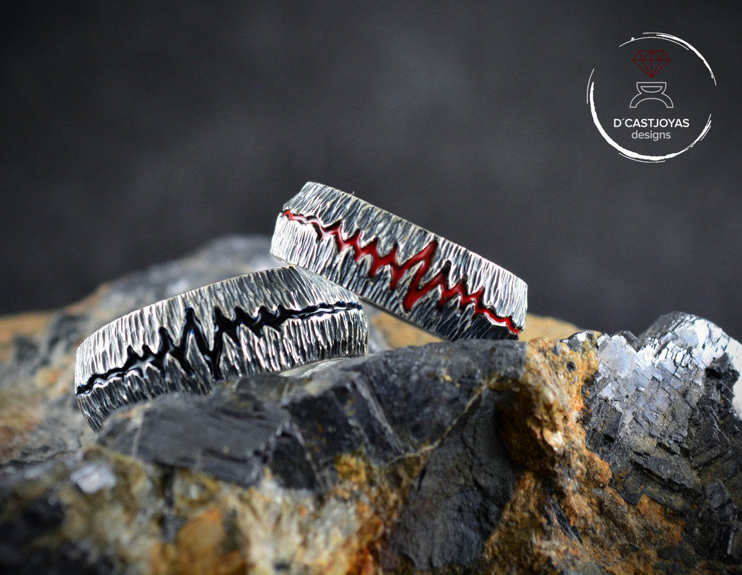 Conjunto alianzas rústico, Anillo banda de latido de plata 925