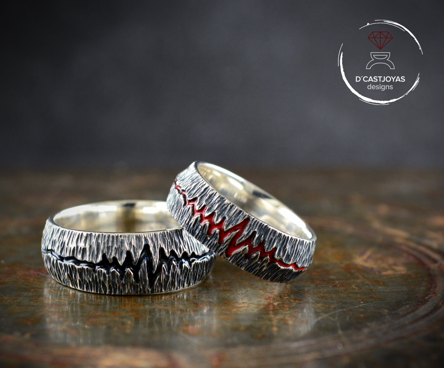 Conjunto alianzas rústico, Anillo banda de latido de plata 925