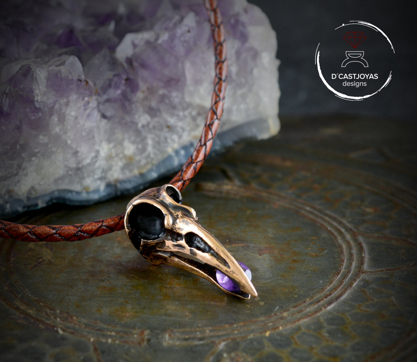Colgante de cuervo ojo de Odin de bronce con piedra natural, Colgante amuleto vikingo