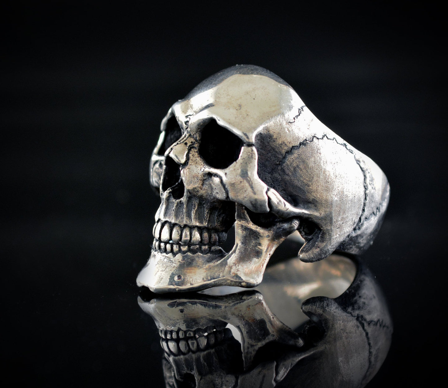 Anillo Calavera en plata de ley, Cráneo humano completo, Memento mori, Rock and Roll - D´Cast