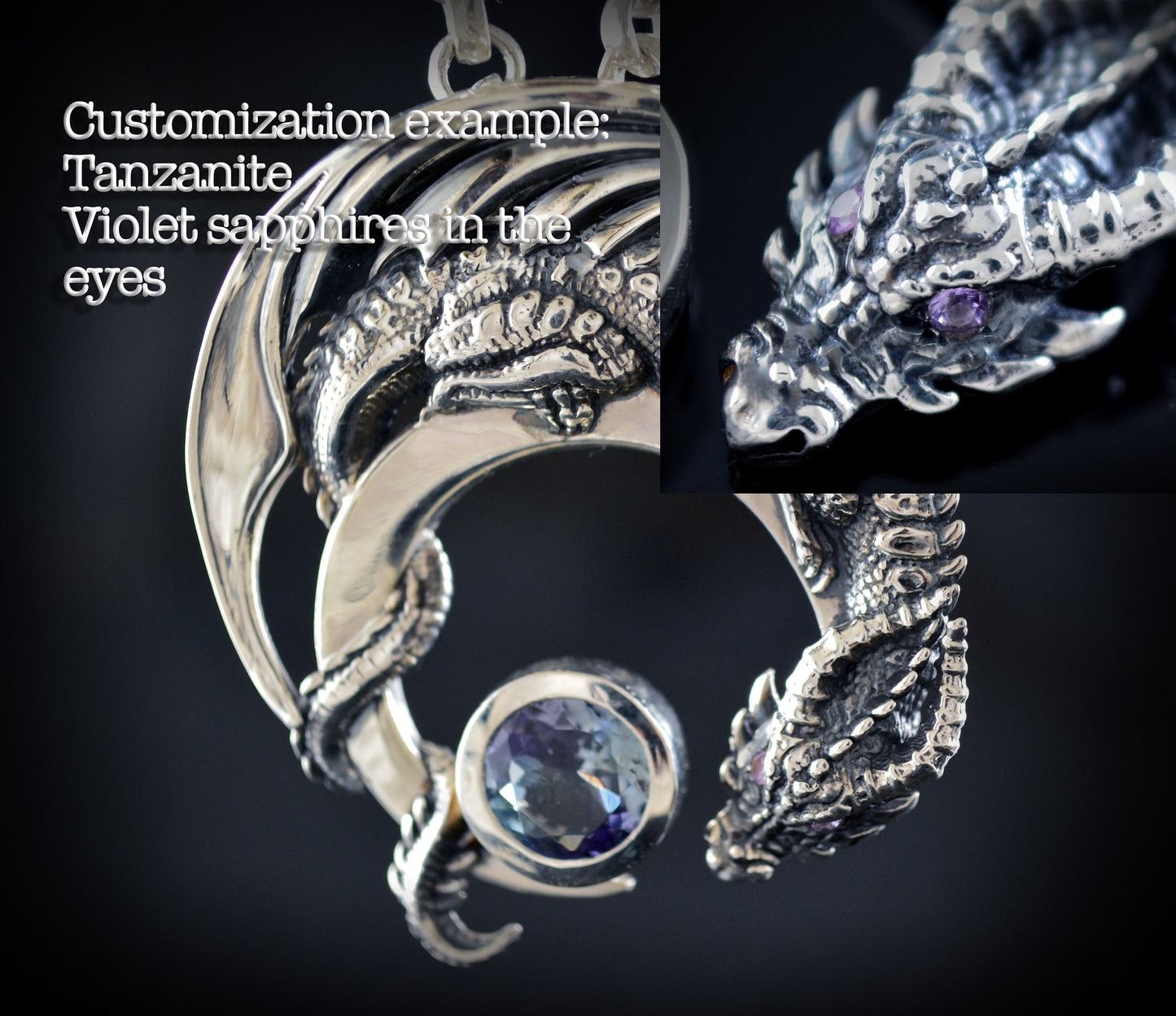 Colgante de plata dragón con topacio natural azul, Dragon de la Media Luna - D´Cast