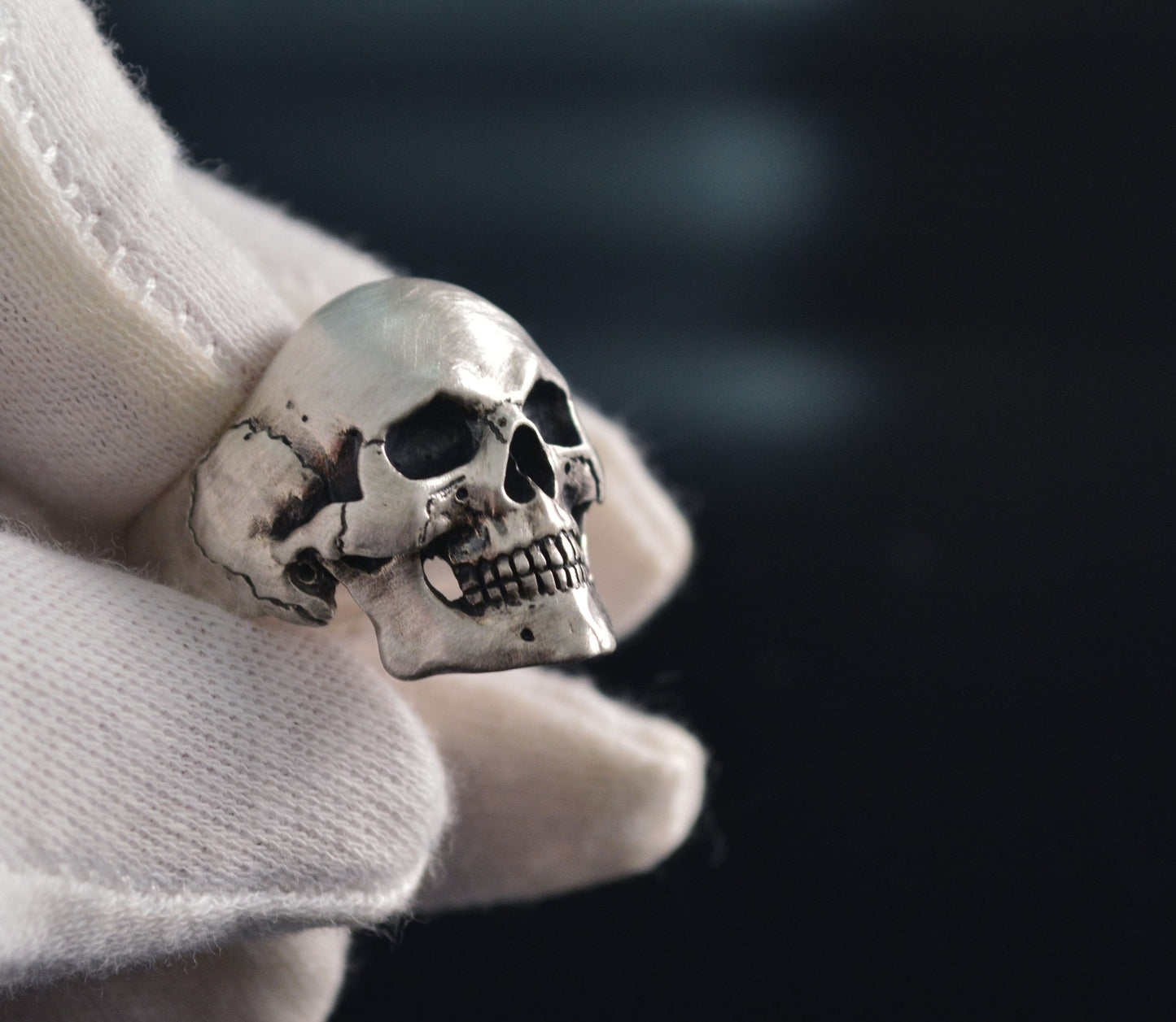 Anillo calavera completa de plata de ley maciza, Craneo humano realista, Joyería de motorista, Rock and Roll, Memento mori - D´Cast