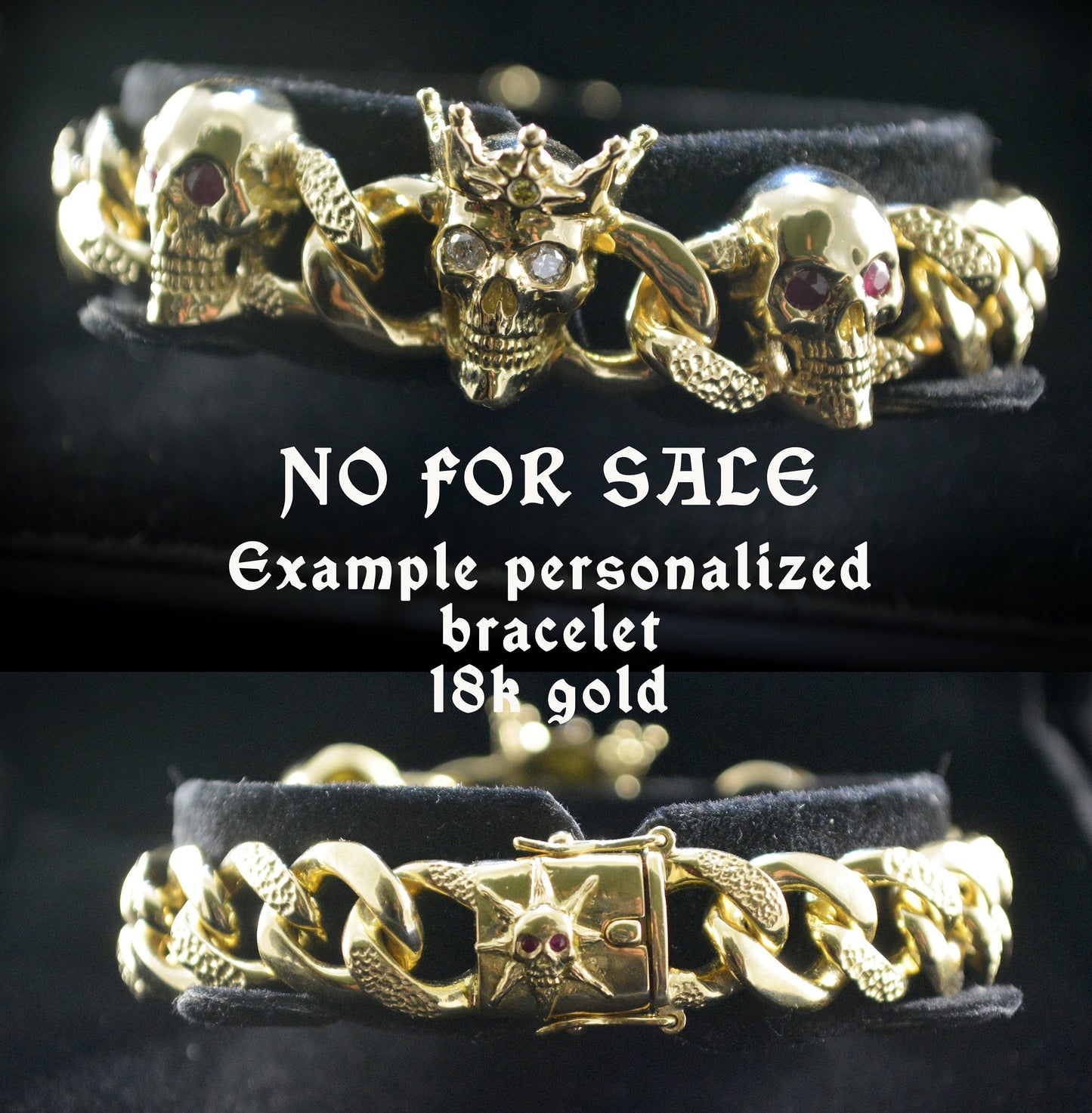 Pulsera de plata maciza con tres calaveras, eslabones de cadena cubana y cierre de caja con seguro, Memento mori