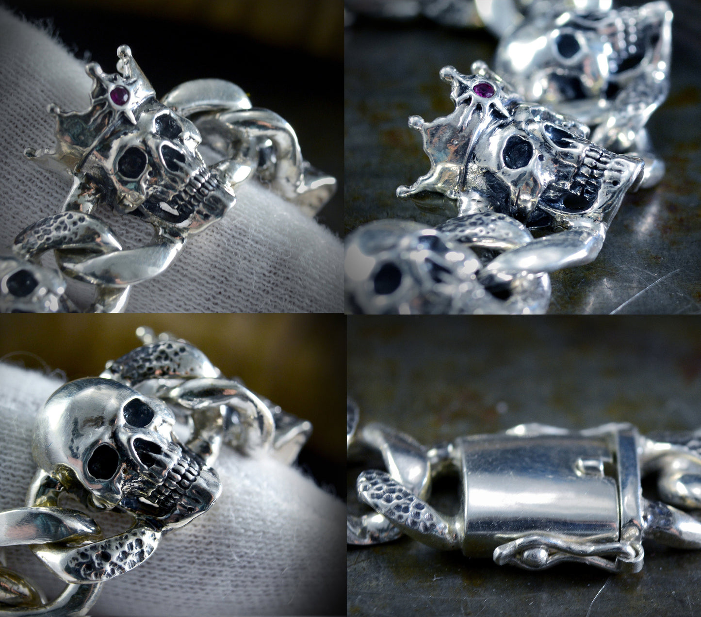 Pulsera de plata maciza con tres calaveras, eslabones de cadena cubana y cierre de caja con seguro, Memento mori