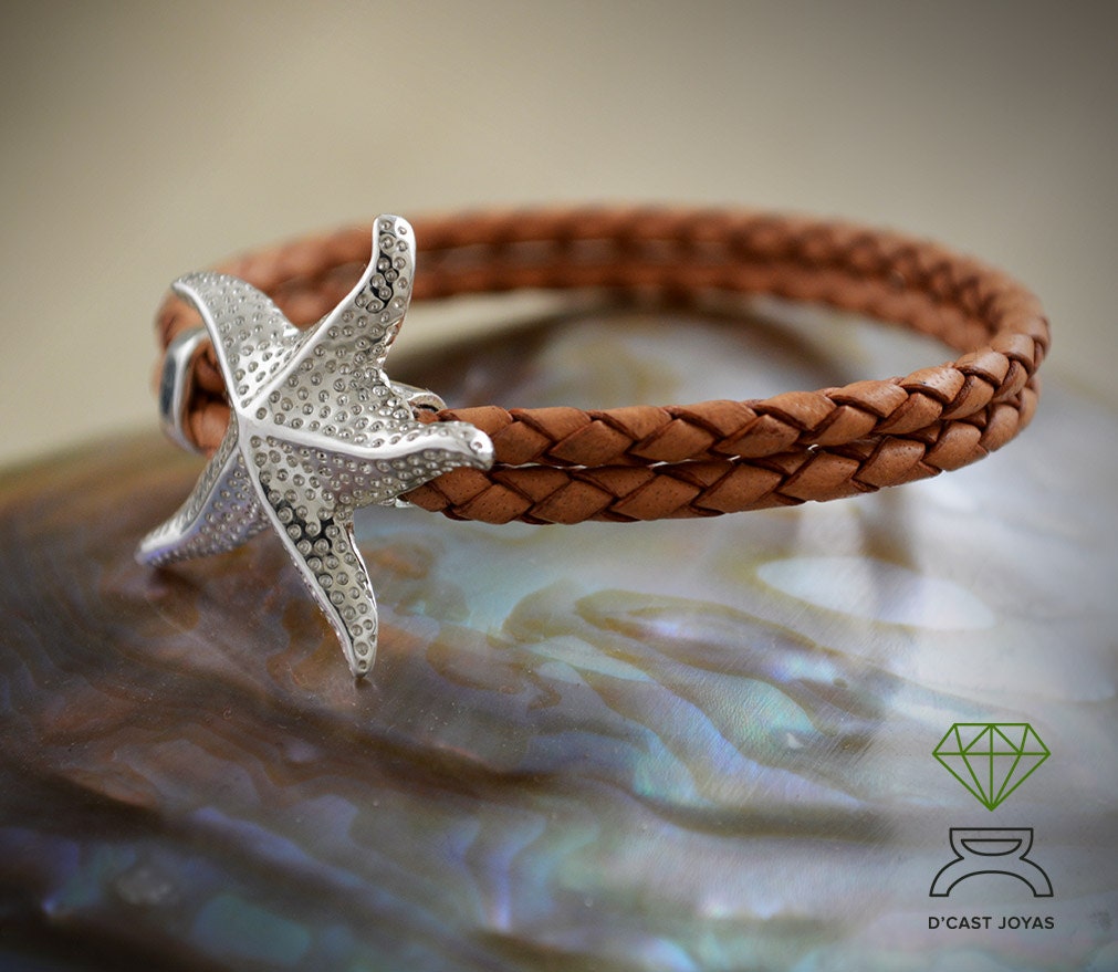 Pulsera plata oxidada y cuero estrella de mar, Pulsera de plata 925 estrella, Pulsera de cuero y plata para surfistas, Joyería del mar - D´Cast