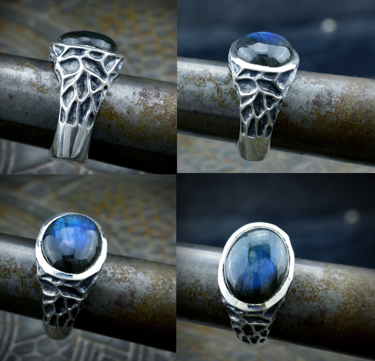 Anillo  sello con labradorita ovalada y texturas armónicas, Edición Limitada