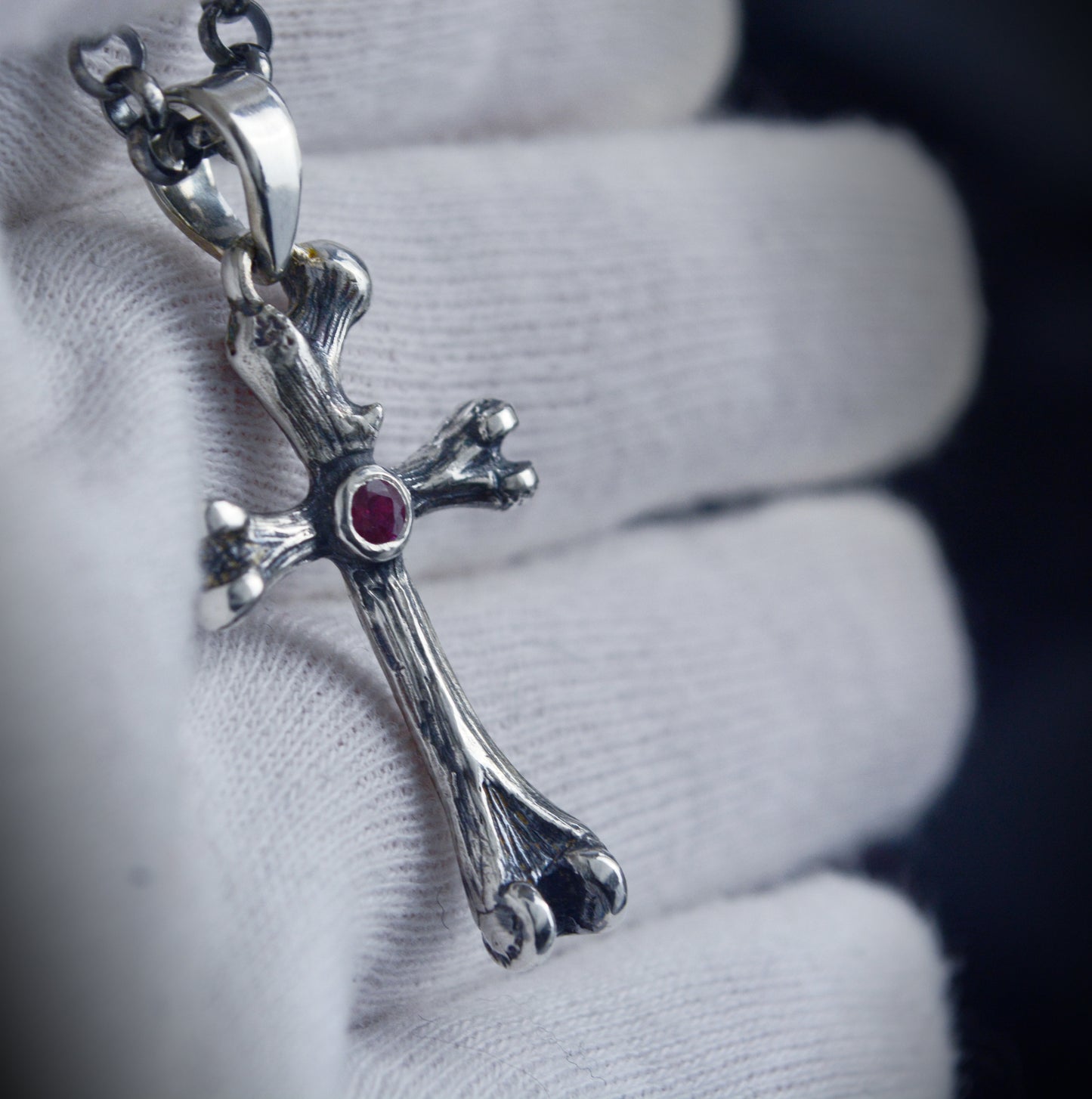 Solid Silver Crossbones Pendant with Natural Ruby, Handmade Gothic Jewelry