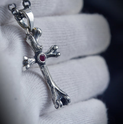 Solid Silver Crossbones Pendant with Natural Ruby, Handmade Gothic Jewelry