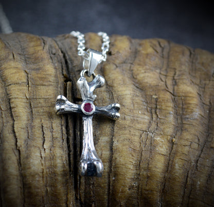 Solid Silver Crossbones Pendant with Natural Ruby, Handmade Gothic Jewelry