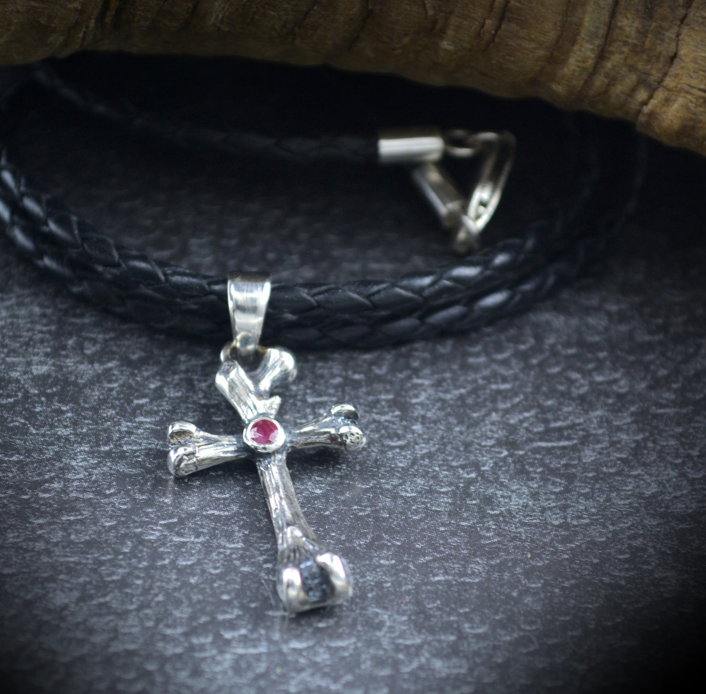 Solid Silver Crossbones Pendant with Natural Ruby, Handmade Gothic Jewelry