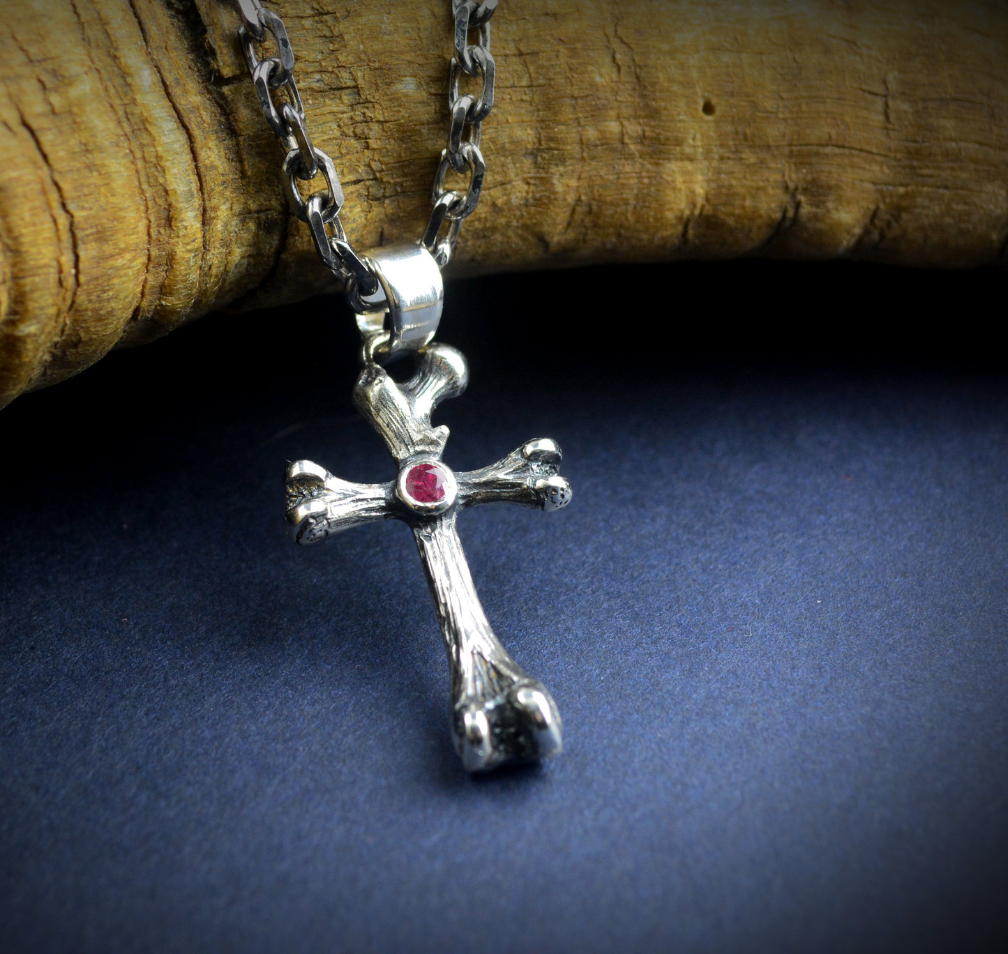 Solid Silver Crossbones Pendant with Natural Ruby, Handmade Gothic Jewelry