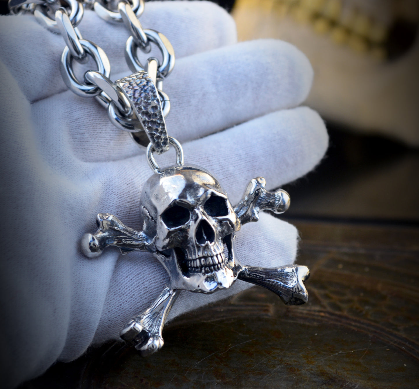 Silver Skull and Crossbones Pendant, Jolly Roger Necklace, Realistic Pirate Skull, Memento Mori