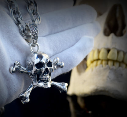 Silver Skull and Crossbones Pendant, Jolly Roger Necklace, Realistic Pirate Skull, Memento Mori
