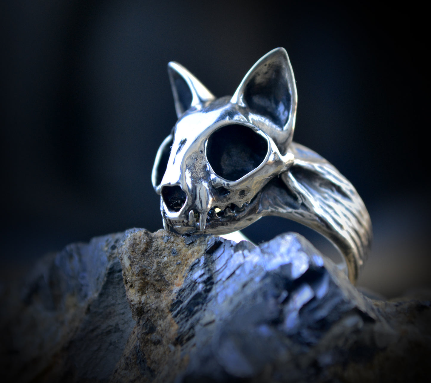 Anillo cráneo de gato, Cráneo felino hecho a mano en plata de ley