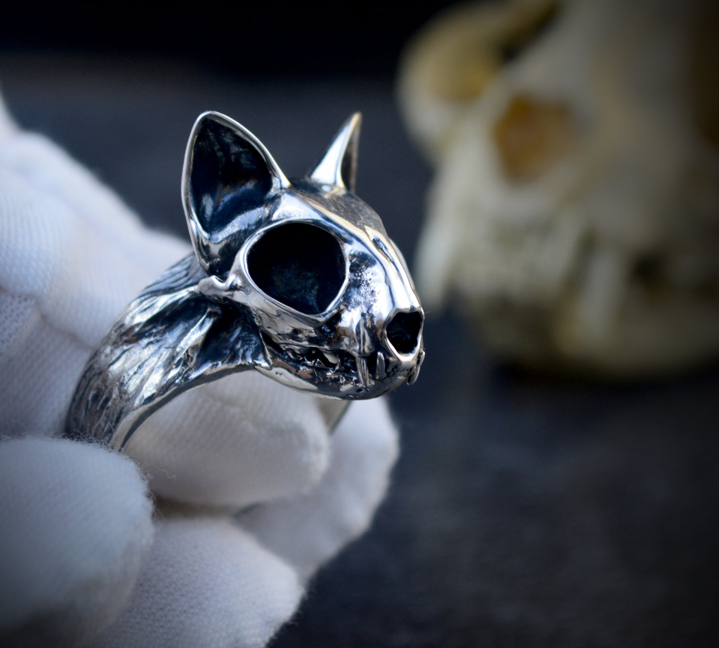 Anillo cráneo de gato, Cráneo felino hecho a mano en plata de ley
