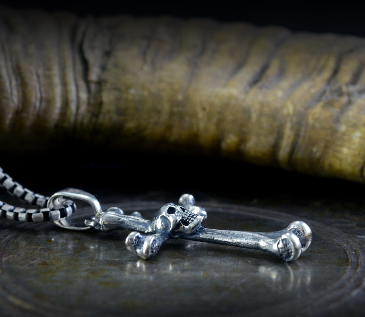 Bone cross pendant with solid sterling silver skull, Memento mori pendant, Realistic bones and skulls