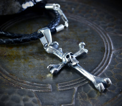 Bone cross pendant with solid sterling silver skull, Memento mori pendant, Realistic bones and skulls