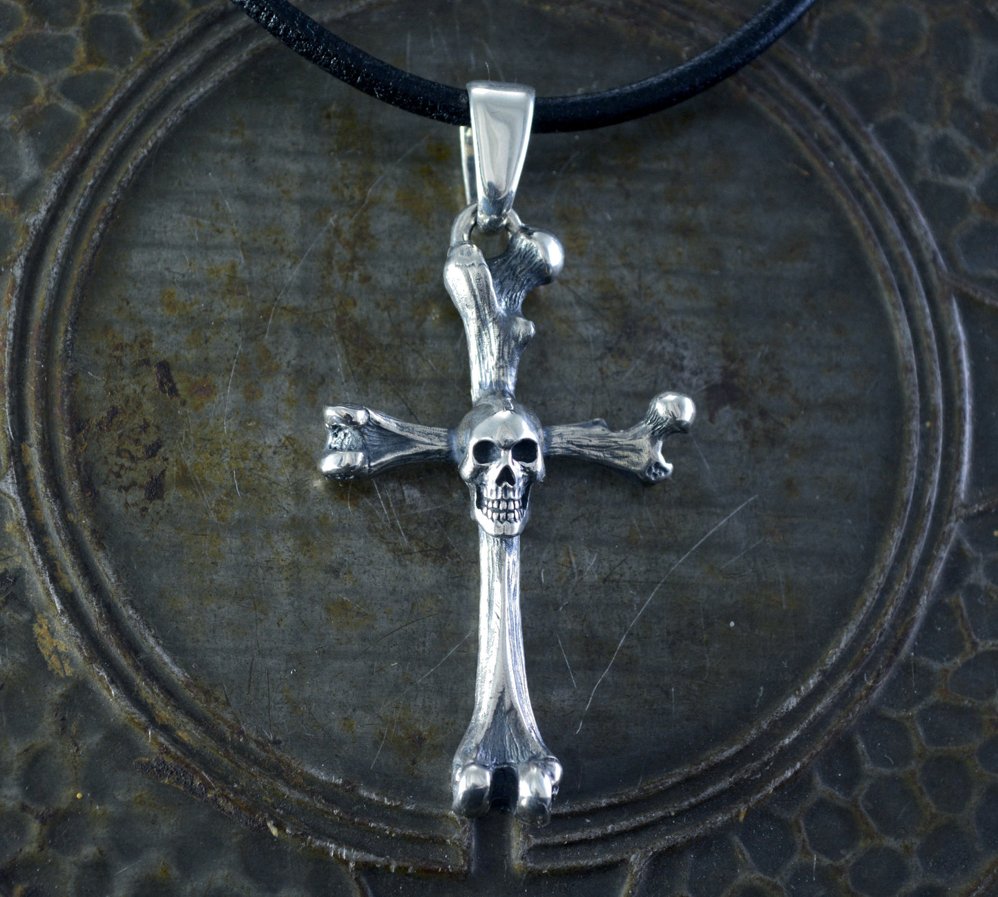 Bone cross pendant with solid sterling silver skull, Memento mori pendant, Realistic bones and skulls