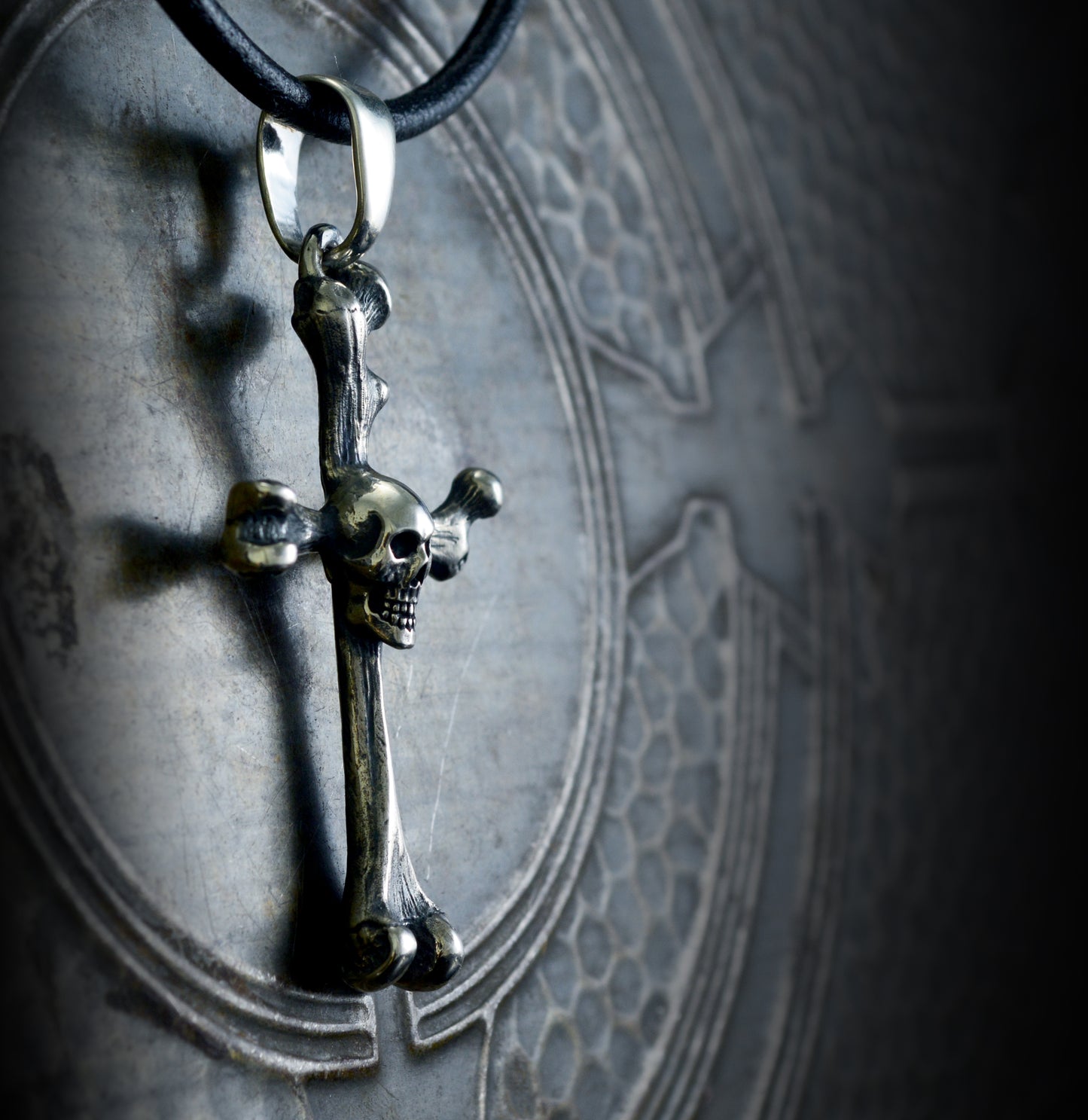 Bone cross pendant with solid sterling silver skull, Memento mori pendant, Realistic bones and skulls