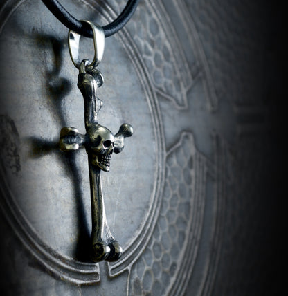 Bone cross pendant with solid sterling silver skull, Memento mori pendant, Realistic bones and skulls