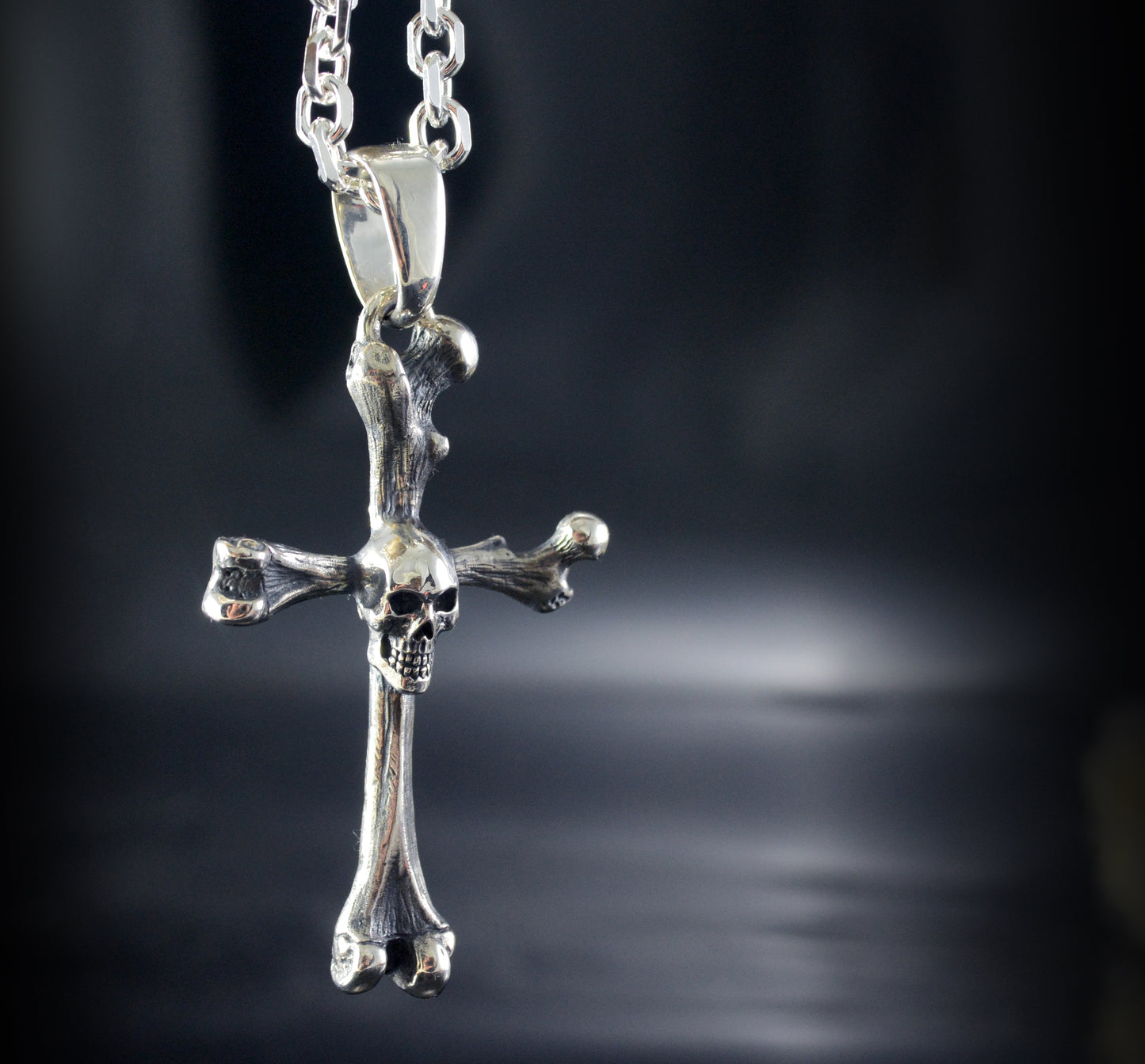 Bone cross pendant with solid sterling silver skull, Memento mori pendant, Realistic bones and skulls