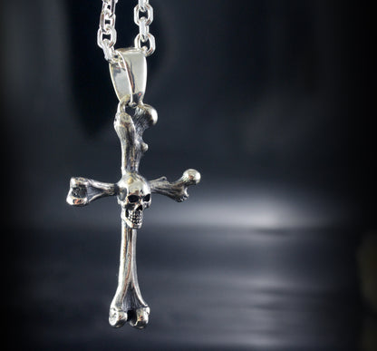 Bone cross pendant with solid sterling silver skull, Memento mori pendant, Realistic bones and skulls