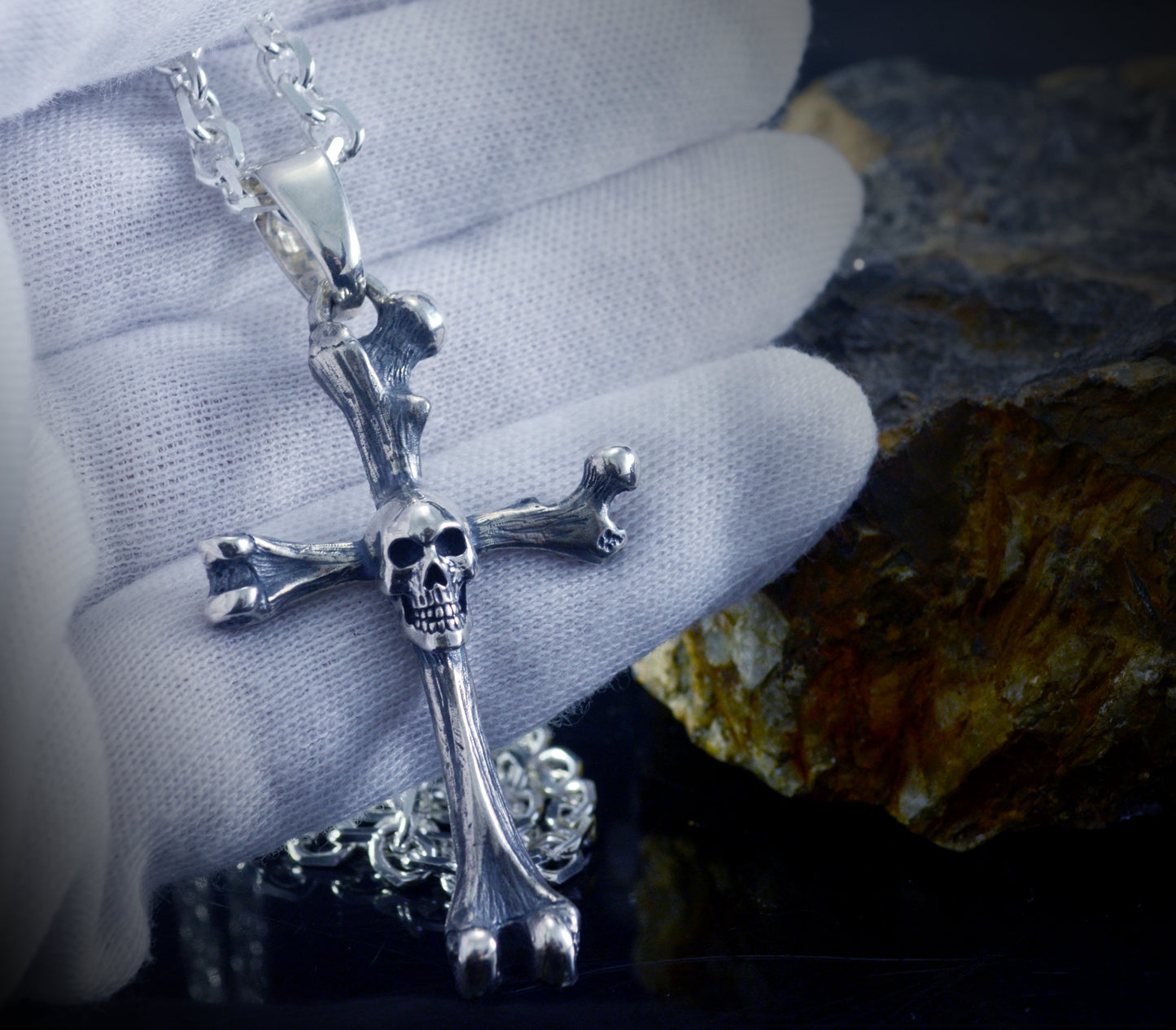 Bone cross pendant with solid sterling silver skull, Memento mori pendant, Realistic bones and skulls