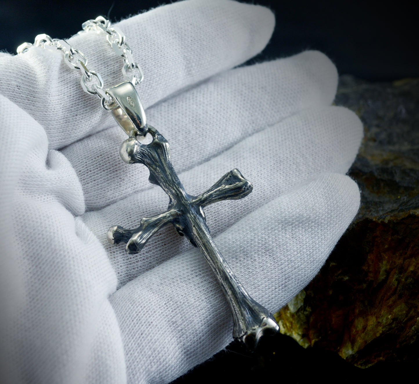 Bone cross pendant with solid sterling silver skull, Memento mori pendant, Realistic bones and skulls