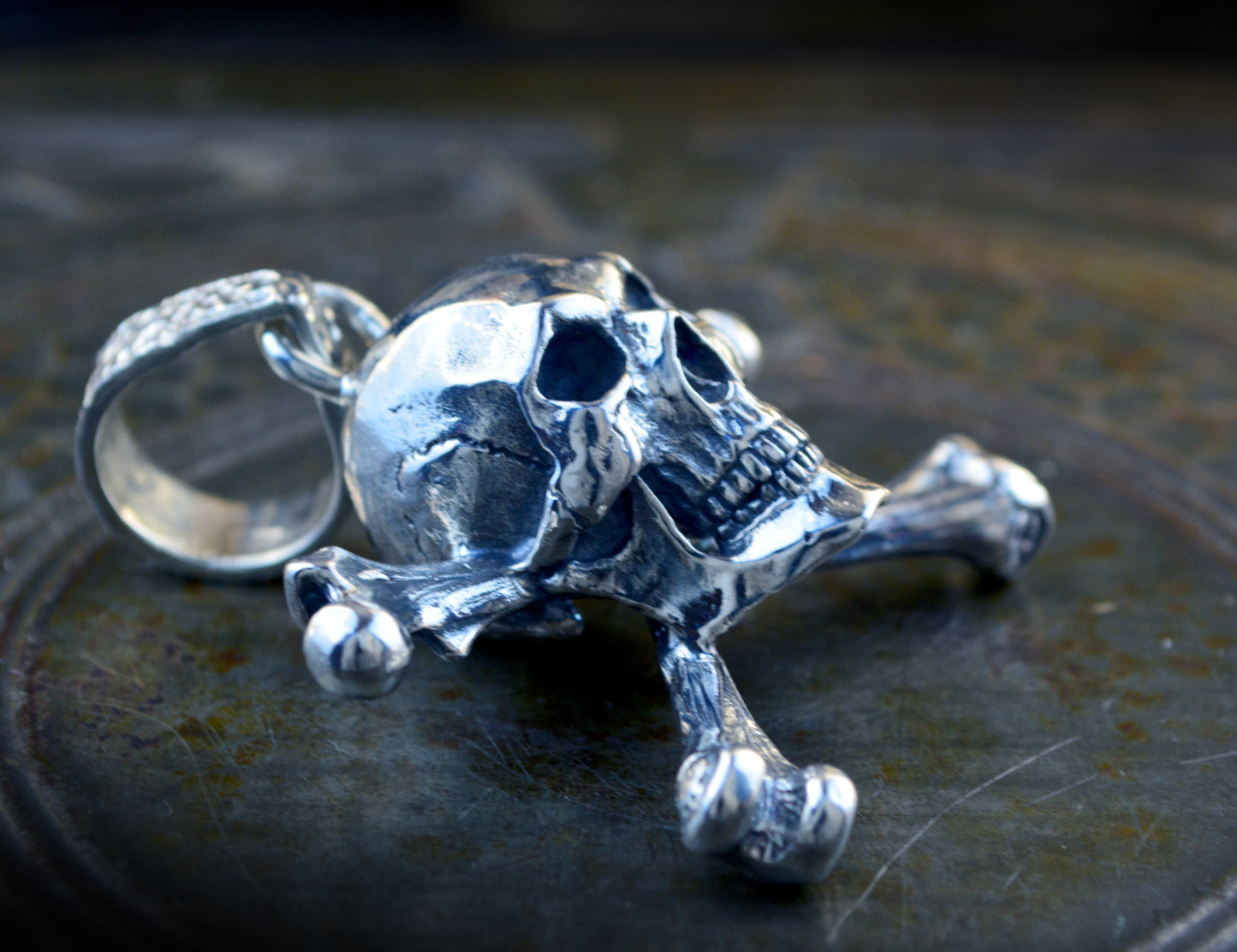 Silver Skull and Crossbones Pendant, Jolly Roger Necklace, Realistic Pirate Skull, Memento Mori